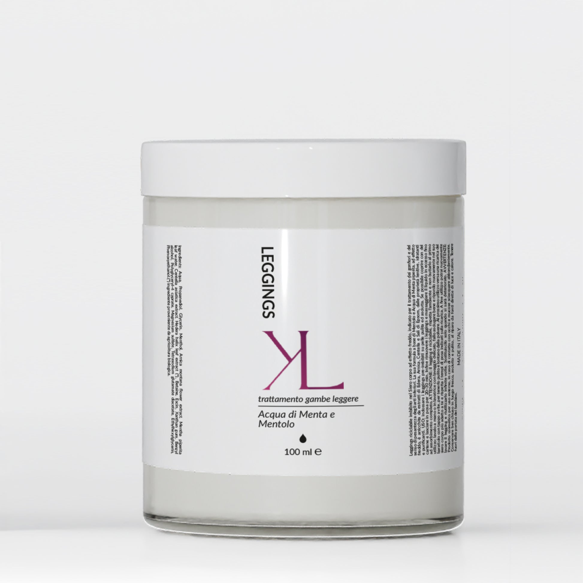 Leggings Dren Cell trattamento gambe leggere Korealux
Ingredienti chiave Leggings Dren Cell con Mentolo Menta Escina e Centella
Trattamento corpo effetto fresco per gambe stanche e pesanti
Rituale corpo Korealux per gambe più leggere toniche e levigate