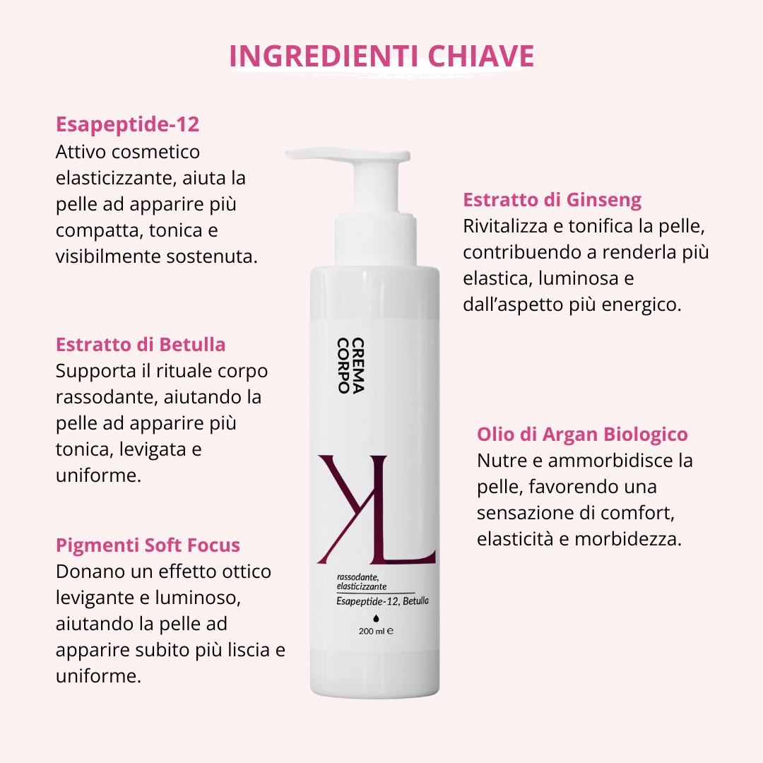 Remodel Body Cream crema corpo rassodante Korealux
Ingredienti chiave Remodel Body Cream con Ginseng Betulla Argan ed Esapeptide-12
Crema corpo rassodante per pelle tonica elastica e luminosa
Trattamento corpo Korealux per pelle più compatta e levigata