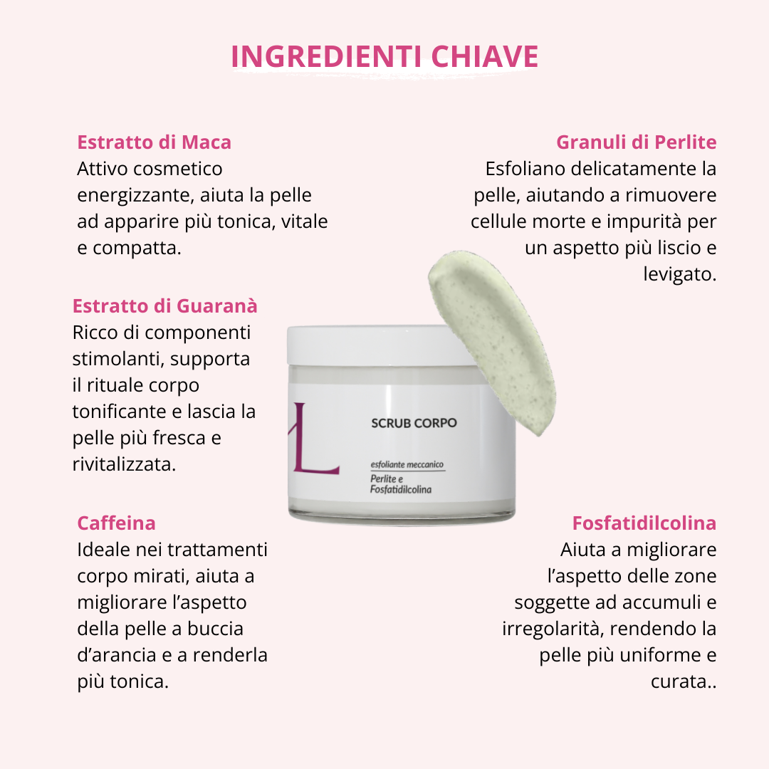 Shape Body Scrub esfoliante corpo Korealux
Ingredienti chiave Shape Body Scrub con Perlite Maca Guaranà e Caffeina
Scrub corpo esfoliante per pelle liscia levigata e uniforme
Trattamento corpo Korealux Shape Body Scrub per pelle a buccia d’arancia