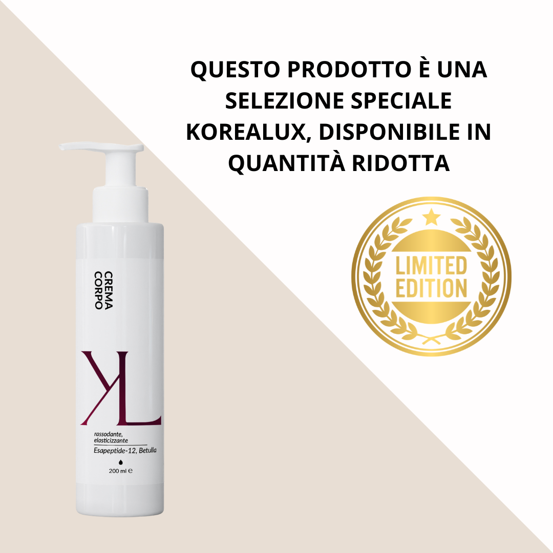 Remodel Body Cream crema corpo rassodante Korealux
Ingredienti chiave Remodel Body Cream con Ginseng Betulla Argan ed Esapeptide-12
Crema corpo rassodante per pelle tonica elastica e luminosa
Trattamento corpo Korealux per pelle più compatta e levigata