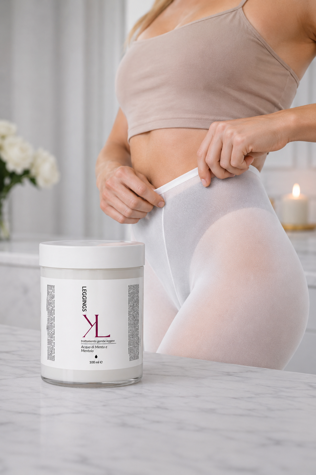 Leggings Dren Cell trattamento gambe leggere Korealux
Ingredienti chiave Leggings Dren Cell con Mentolo Menta Escina e Centella
Trattamento corpo effetto fresco per gambe stanche e pesanti
Rituale corpo Korealux per gambe più leggere toniche e levigate