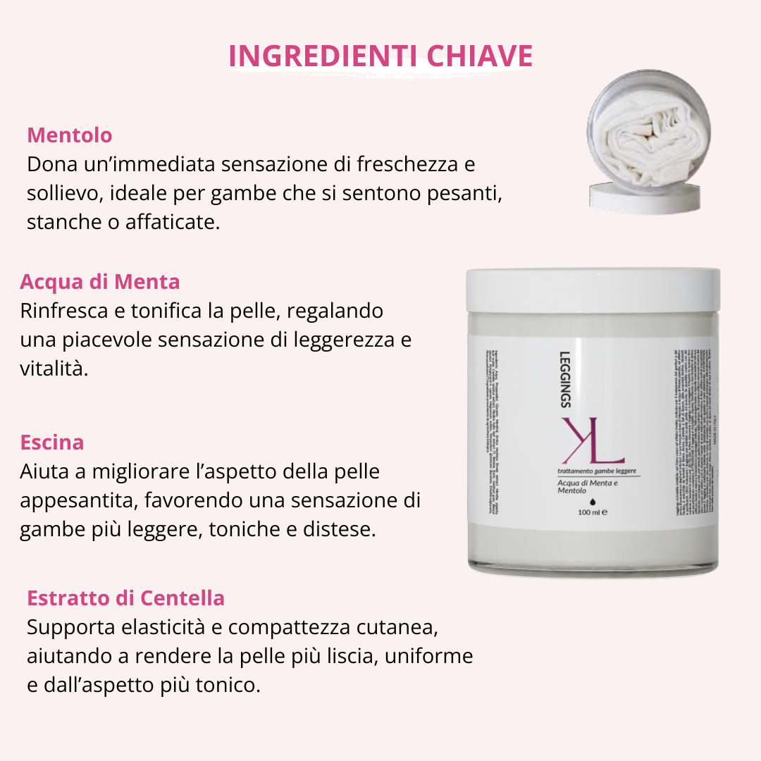 Leggings Dren Cell trattamento gambe leggere Korealux
Ingredienti chiave Leggings Dren Cell con Mentolo Menta Escina e Centella
Trattamento corpo effetto fresco per gambe stanche e pesanti
Rituale corpo Korealux per gambe più leggere toniche e levigate