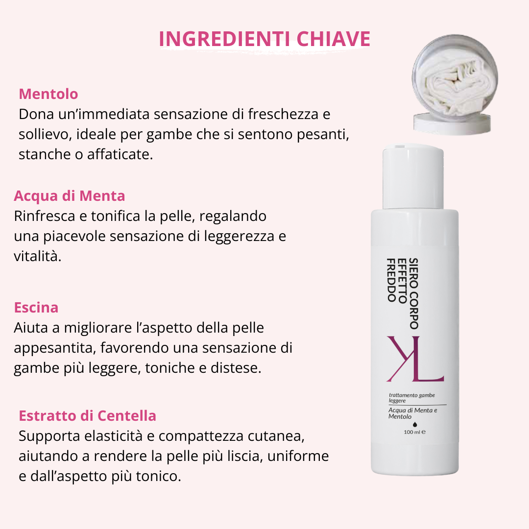 Dren Cell Body Serum ricarica gambe leggere Korealux
Ingredienti chiave Dren Cell Body Serum con Mentolo Menta Escina e Centella
Ricarica trattamento Leggings Dren Cell Gambe Leggere
Siero corpo effetto fresco per gambe leggere e toniche