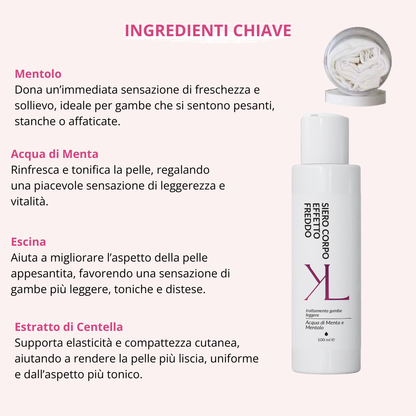 Dren Cell Body Serum ricarica gambe leggere Korealux
Ingredienti chiave Dren Cell Body Serum con Mentolo Menta Escina e Centella
Ricarica trattamento Leggings Dren Cell Gambe Leggere
Siero corpo effetto fresco per gambe leggere e toniche