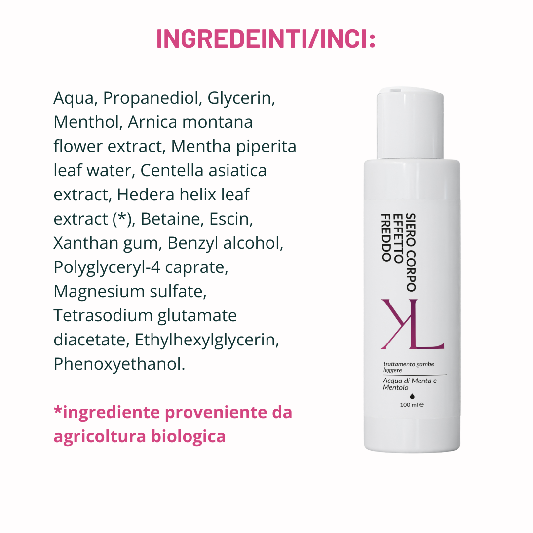 Dren Cell Body Serum ricarica gambe leggere Korealux
Ingredienti chiave Dren Cell Body Serum con Mentolo Menta Escina e Centella
Ricarica trattamento Leggings Dren Cell Gambe Leggere
Siero corpo effetto fresco per gambe leggere e toniche