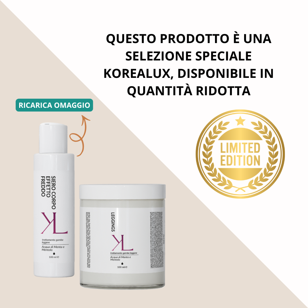 Dren Cell Body Serum ricarica gambe leggere Korealux
Ingredienti chiave Dren Cell Body Serum con Mentolo Menta Escina e Centella
Ricarica trattamento Leggings Dren Cell Gambe Leggere
Siero corpo effetto fresco per gambe leggere e toniche