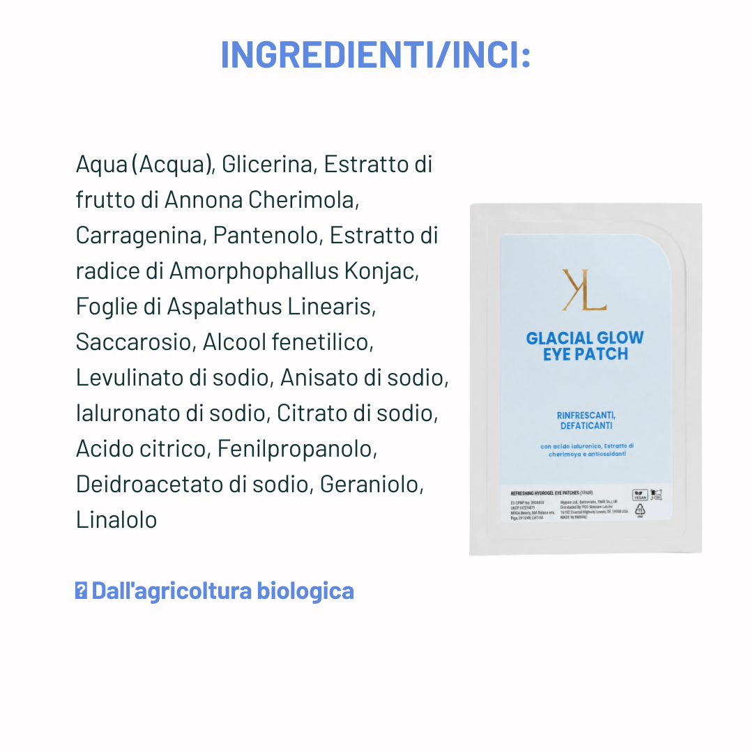 Patch occhi in idrogel [Glacial Glow / Energy Glow / Gold Glow] Korealux, ispirati alla cosmesi coreana K-Beauty, packaging con etichetta brand