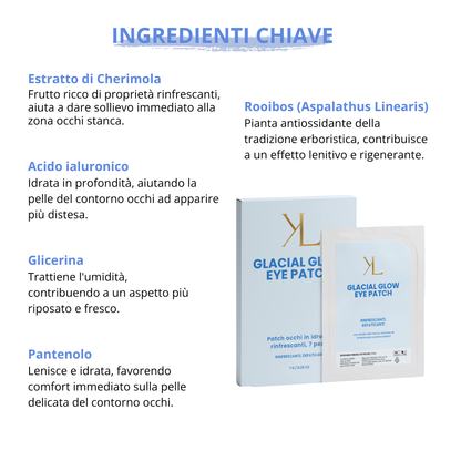 Patch occhi in idrogel [Glacial Glow / Energy Glow / Gold Glow] Korealux, ispirati alla cosmesi coreana K-Beauty, packaging con etichetta brand