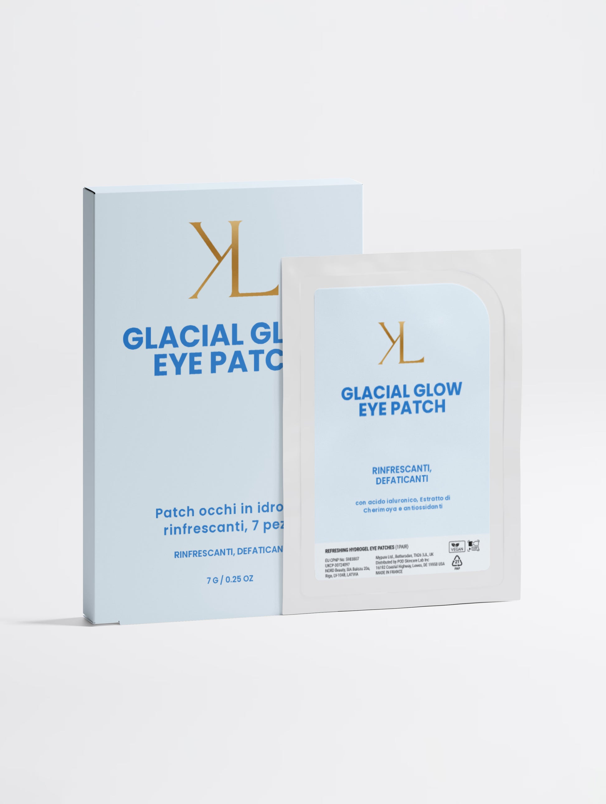 Patch occhi in idrogel [Glacial Glow / Energy Glow / Gold Glow] Korealux, ispirati alla cosmesi coreana K-Beauty, packaging con etichetta brand