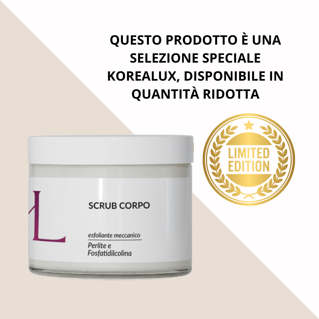 Shape Body Scrub esfoliante corpo Korealux
Ingredienti chiave Shape Body Scrub con Perlite Maca Guaranà e Caffeina
Scrub corpo esfoliante per pelle liscia levigata e uniforme
Trattamento corpo Korealux Shape Body Scrub per pelle a buccia d’arancia