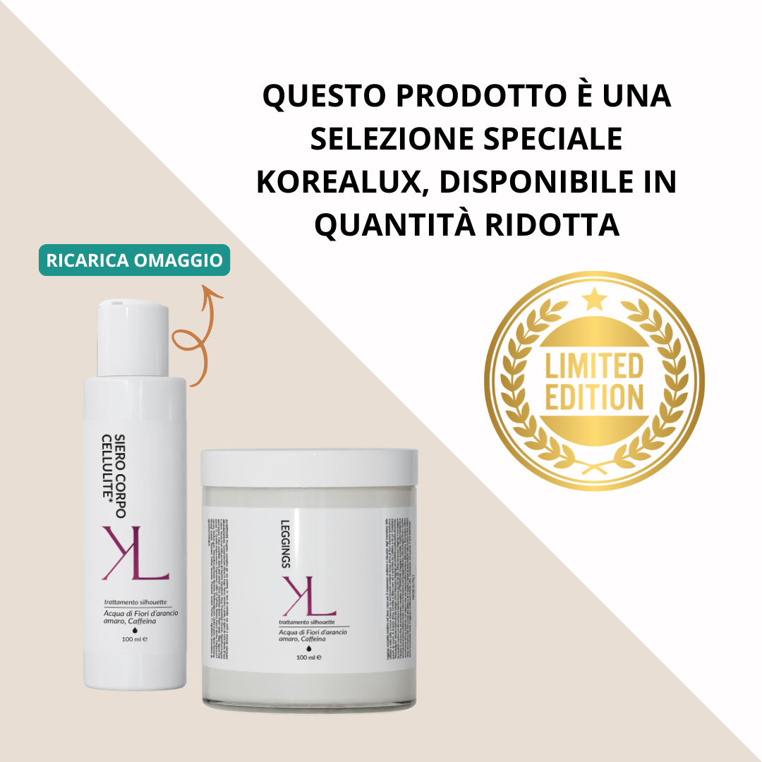 Leggings Silhouette trattamento corpo rimodellante Korealux
Ingredienti chiave Leggings Silhouette con Caffeina Centella Ribes Nero
Trattamento corpo per pelle più liscia tonica e compatta